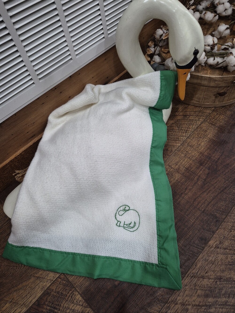 Vintage Baby Thermal Waffle Weave Blanket With Satin Green Trim Dinosaur
